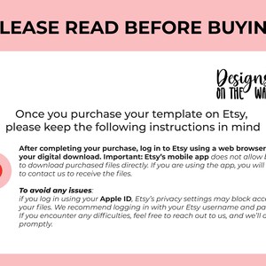 May include: A pink and white graphic with text that reads "PLEASE READ BEFORE BUYING." Instructions are provided for digital downloads purchased on Etsy, including a note about using a web browser instead of the mobile app.