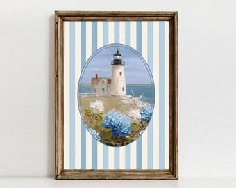 Preppy Beach Print, Coastal Lighthouse Art, Hydrangea Painting, Blue Stripe Cape Cod Decor
