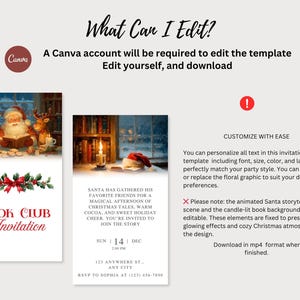 May include: Christmas-themed invitation template with illustrations of Santa Claus, a snowman, and reindeer. The invitation includes the text "Book Club Invitation" and details for a holiday gathering. The template is customizable in Canva.
