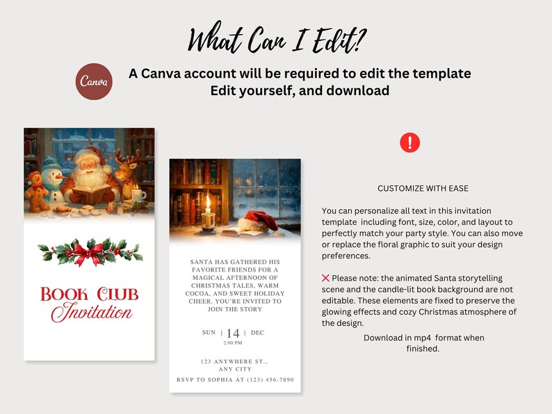 May include: Christmas-themed invitation template with illustrations of Santa Claus, a snowman, and reindeer. The invitation includes the text "Book Club Invitation" and details for a holiday gathering. The template is customizable in Canva.