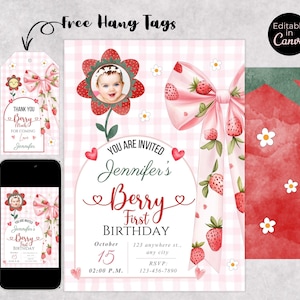 Convite de primeiro aniversário de Berry | Convite com foto editável de morango para o primeiro aniversário | Tema de laço | Cartão de primeiro aniversário digital e imprimível