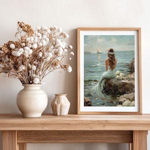 Vintage Coastal Mermaid Painting, Ocean Oil Print, Beachy Wall Art, Coastal Grandma Decor image 5