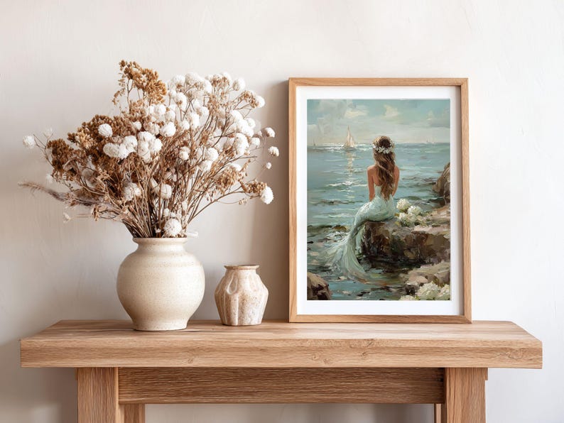 Vintage Coastal Mermaid Painting, Ocean Oil Print, Beachy Wall Art, Coastal Grandma Decor image 5