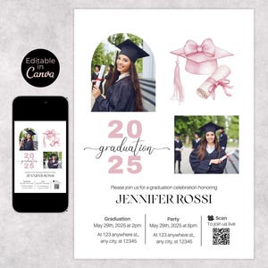 Digital Graduation Invitation with Photo, Pink Bow Grad Invite, Editable Graduation Template, Coquette Graduation Announcement