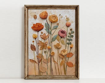Impression d'art botanique 3D empâtement, oeuvre florale beige neutre (téléchargement numérique)