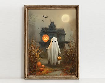 Vintage Ghost Art Print, Dark Cottagecore Fall Decor, Moody Halloween Printable, Digital Download