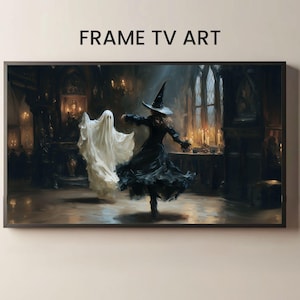 May include: A framed digital art print featuring a witch in a black dress and hat dancing with a ghost in a white sheet. The artwork is set in a dark, candlelit room with the text "FRAME TV ART" at the top.