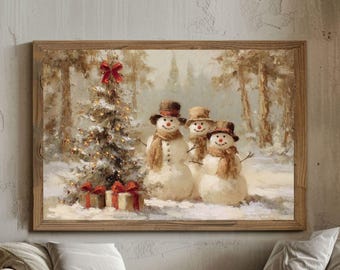 Sneeuwpop familie kerstboom vintage art print (digitale download)