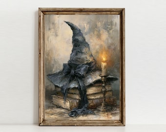 Witch Hat Wall Art, Vintage Witchy Print, Moody Whimsigoth Decor, Textured Halloween Painting