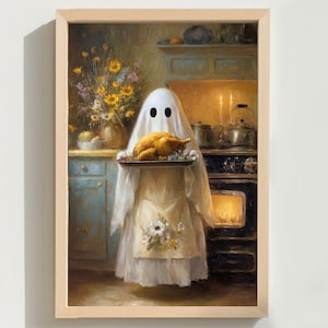 Ghost Painting, Cute Ghost Print, Thanksgiving Ghost Kitchen Wall Art, Neutral Fall Ghost Printable, Halloween Decor, Cozy Fall Art
