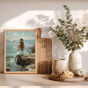 Vintage Coastal Mermaid Painting, Ocean Oil Print, Beachy Wall Art, Coastal Grandma Decor image 7