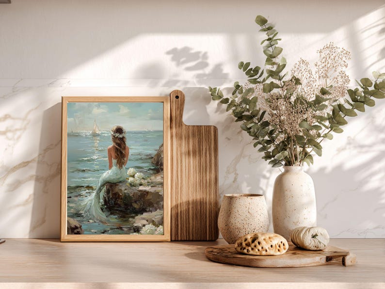 Vintage Coastal Mermaid Painting, Ocean Oil Print, Beachy Wall Art, Coastal Grandma Decor image 7