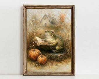 Frog Reading Book Print, Whimsical Textured Animal Art, Fall Storybook Wall Decor, Digital Download