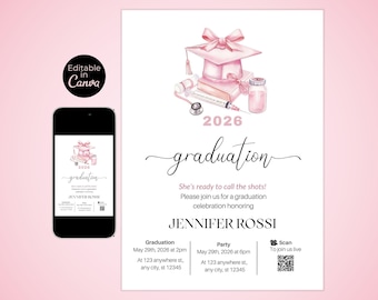 Nurse Graduation Invitation, Pink Bow, Medical Theme (Canva Editable, Digital Download