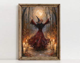 Textured Moon Witch Art, Gothic Forest Print, Vintage Witchcraft Digital Download