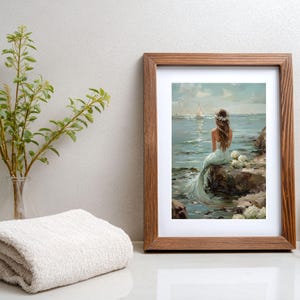 Vintage Coastal Mermaid Painting, Ocean Oil Print, Beachy Wall Art, Coastal Grandma Decor image 8