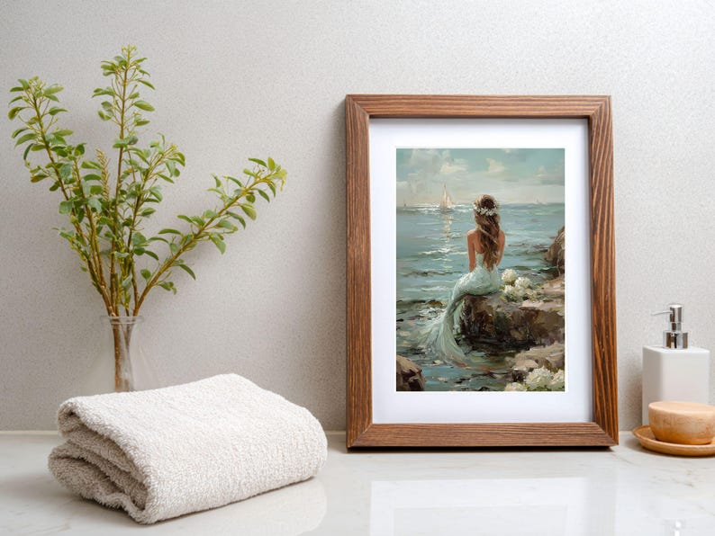 Vintage Coastal Mermaid Painting, Ocean Oil Print, Beachy Wall Art, Coastal Grandma Decor image 8