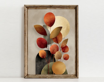 Art mural automne botanique lunatique, impression terre cuite olive, décoration neutre moderne bio