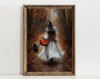 Art de sorcière cottage, impression de citrouilles forêt d'automne, décoration murale d'Halloween confortable, téléchargement numérique