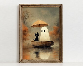 Peinture fantôme de chat sous la pluie, impression d'art mural automne maussade, décoration forêt fantasmagorique