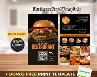 Restaurant Business Card Template with QR Code (Editable Canva Design)