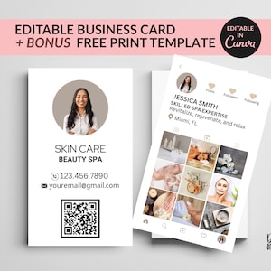 Plantilla de tarjeta de visita de Instagram de esteticista, plantilla de tarjeta de visita con imagen, uñas, peinado, pestañas, salón de belleza, cuidado de la piel