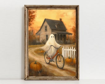 Impression d'Halloween fantaisiste, art mural fantôme sur vélo, décoration automne vintage-téléchargement numérique