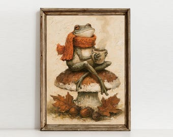 Whimsical Mushroom Frog Print, Impasto Cottagecore Wall Art, Fall Coffee Decor, Digital Download