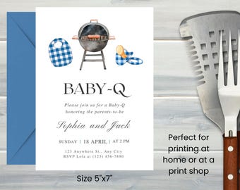 Baby-Q Party Einladung, BBQ Theme, Blau Vichy Karo (Digitaler Download)