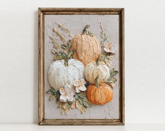 Impression d'art texturée avec empâtement de citrouille - fleurs sauvages d'automne, nature morte d'automne confortable (téléchargement numérique)