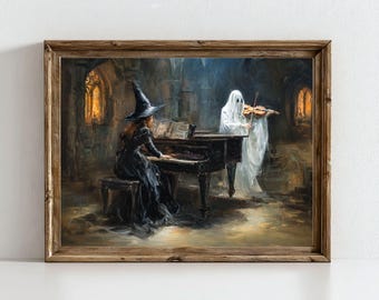 Gotisk Halloweenkonst, Vintage Häxspöketryck, Stämningsfull Höstdekor (Digital Nedladdning)