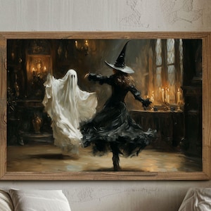 Witch Painting, Ghost Painting, Vintage Halloween Wall Art, Witch and Ghost Art Print, Dark Academia, Witches Printable, Dark Cottagecore