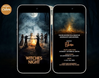 Invitación animada para fiesta de Halloween con temática de brujas, plantilla editable.