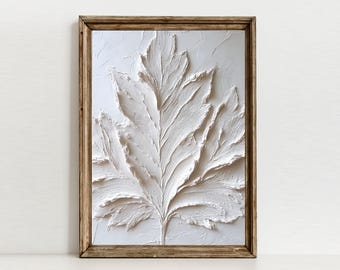 Art de la feuille texturée blanche, impression botanique empâtement, décoration bio Japandi (téléchargement numérique)