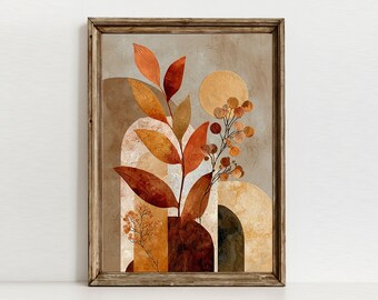 Impression diptyque de feuilles abstraites en terre cuite ocre, art mural botanique d'automne, décoration organique moderne