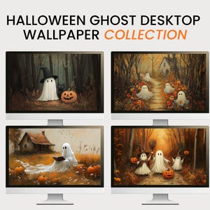 Paquete de fondos de pantalla de fantasmas de Halloween, fondos de escritorio otoñales estilo cottagecore, fondo de pantalla otoñal para portátil, descarga digital para MacBook y PC