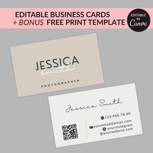 Minimalistische Visitenkarte personalisiert, bearbeitbare QR-Code-Vorlage, modernes doppelseitiges Design, beige weiße elegante Visitenkarte