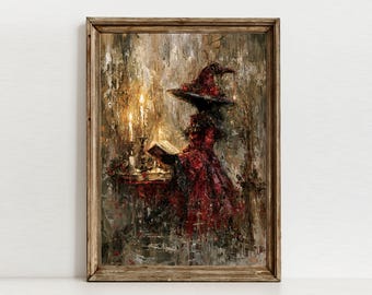 Textured Reading Witch Art, Whimsigoth Decor, Dark Academia Poster, Digital Download