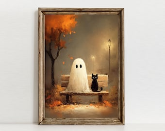 Impression de fantôme d'Halloween de mauvaise humeur et de chat noir, oeuvre d'art automne pour banc de parc (téléchargement numérique)