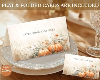 May include: Folded cards with a watercolor design featuring pumpkins and floral elements. The cards are on a white plate, with the text "ENTER YOUR TEXT HERE" and "FLAT & FOLDED CARDS ARE INCLUDED". The cards are editable in Canva.