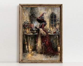 Textured Botanical Witch Art, Christmas Kitchen Painting, Cozy Holiday Decor, Digital Download