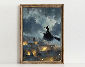 Moody Halloween Art, Dark Academia Witch Flying Print,  Witchy Spooky Wall Decor, Digital Download