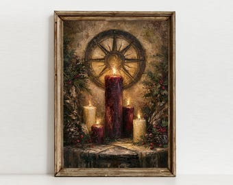 Textured Wheel of the Year Art, Gothic Candle Painting, Winter Solstice Decor, Digital Download
