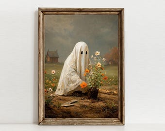 Impression d'automne Cottagecore Ghost Gardener, peinture d'Halloween vintage (téléchargement numérique)