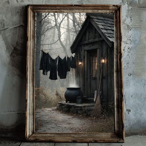 Hexe Malerei, Hexenhaus Kunst, Vintage Halloween Wandkunst, Hexenbesen Kunstdruck, Cottagecore Hexe Dekor, Hexen druckbare Download