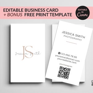 Minimalistische Visitenkarte personalisiert, Monogramm-Visitenkarten, bearbeitbare QR-Code-Vorlage, modernes doppelseitiges Design, elegant und modern