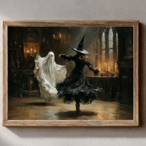Spökhäxa som dansar, målning, vintage Halloween-väggkonst, Dark Academia-tryck (digital nedladdning) bild 2