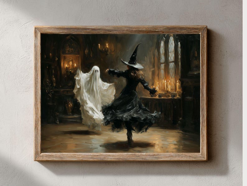 Spökhäxa som dansar, målning, vintage Halloween-väggkonst, Dark Academia-tryck (digital nedladdning) bild 2