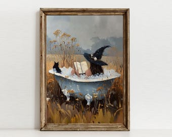 Sorcière dans la baignoire lisant un livre imprimable, automne salle de bain Witchy Art, décor de champ de fleurs sauvages vintage