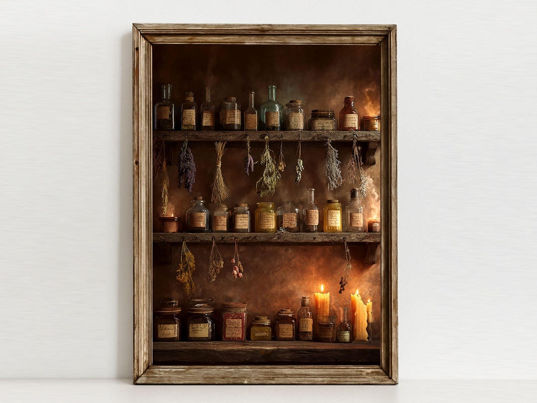 Vintage Witch Apothecary Printable Wall Art, Herbal Shelf, Dark ...